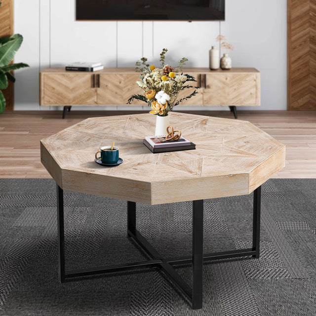 Eulalia Vintage Octagonal Shape Patchwork Craft Wooden Coffee Table, Antique Natural