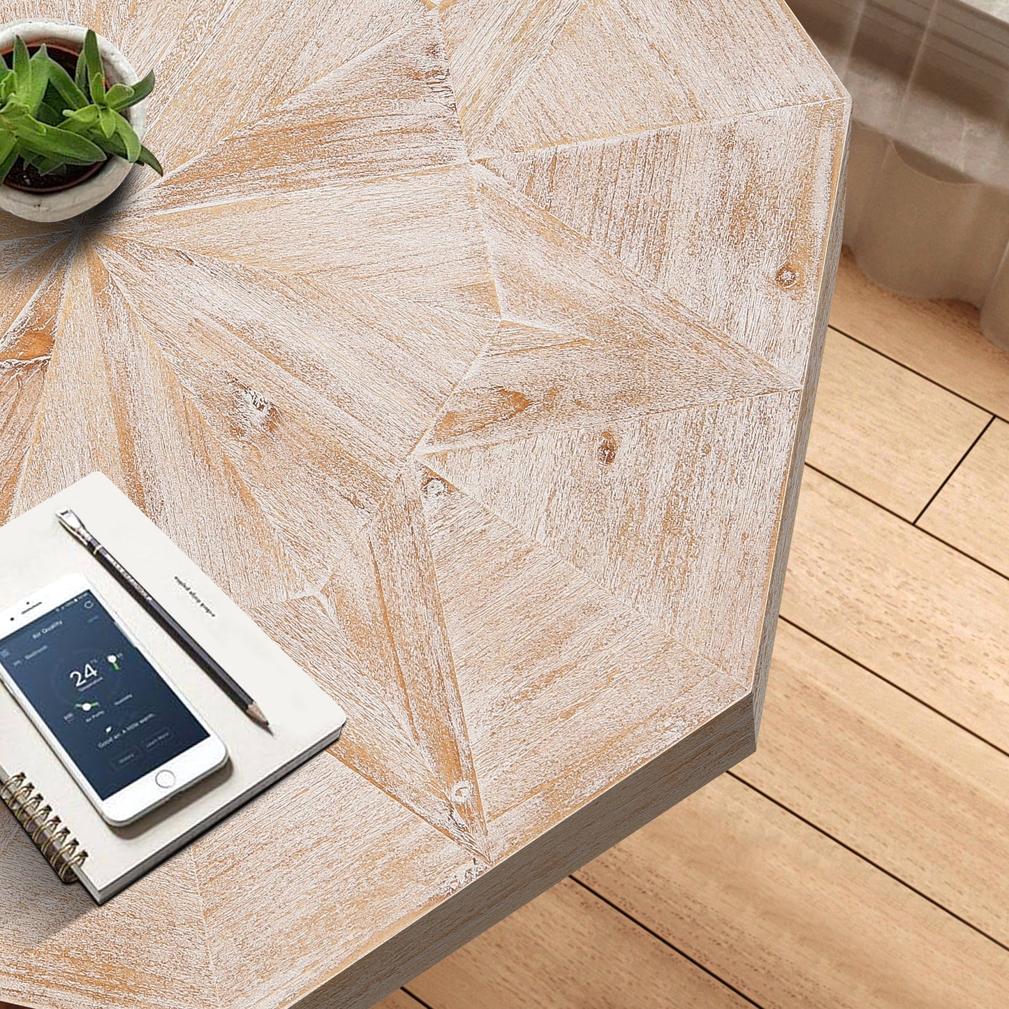 Eulalia Vintage Octagonal Shape Patchwork Craft Wooden Coffee Table, Antique Natural