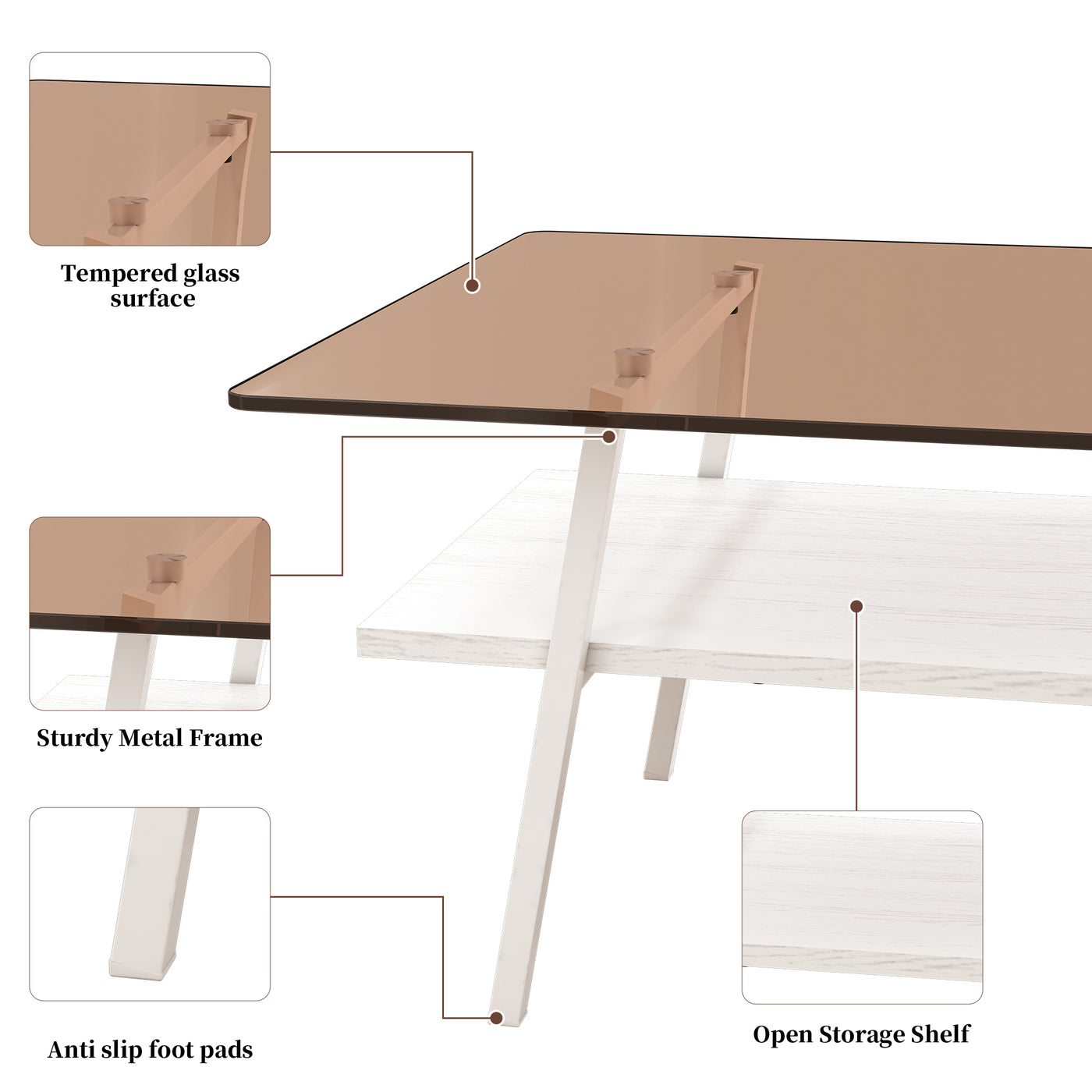 Penn Modern 3-Piece Accent Table Set with Brown Glass, White