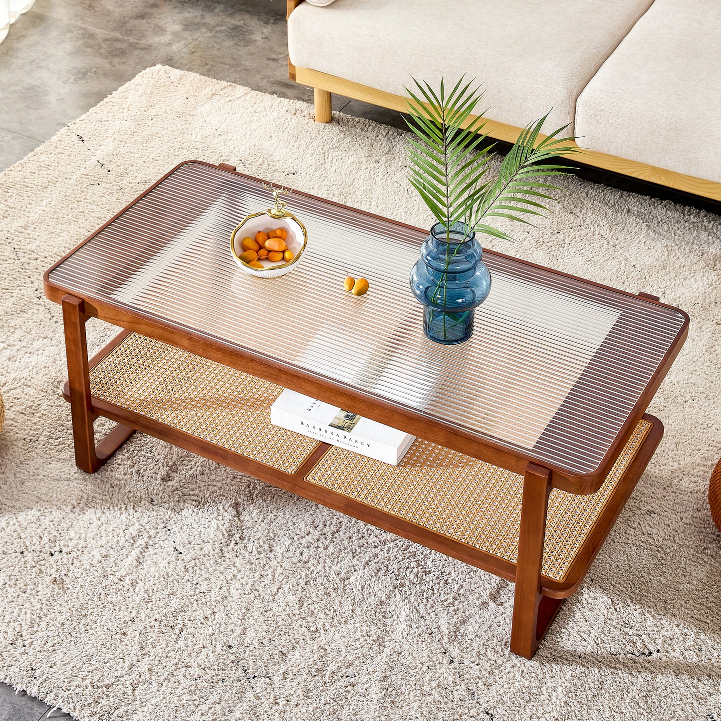 Baylor Mid-Century Modern Glass Top Coffee Table with Rattan Shelf, Walnut