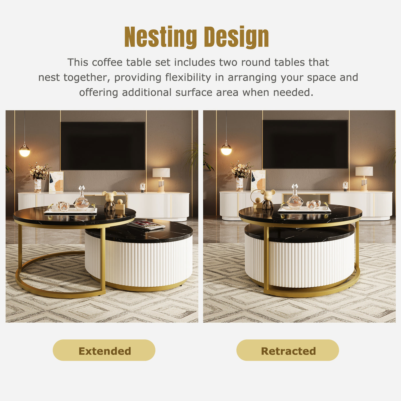 Liora Modern Nesting Coffee Table in White Black & Gold