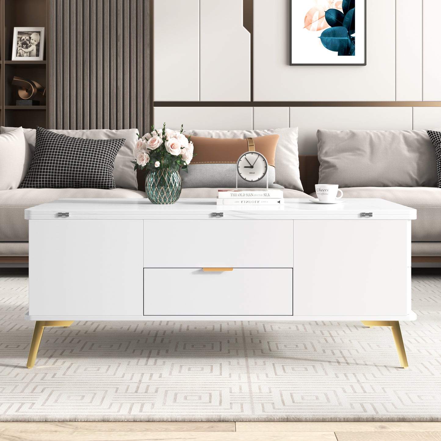 Dawes Modern Lift Top Coffee Table Multi Functional Table with Drawers in  White