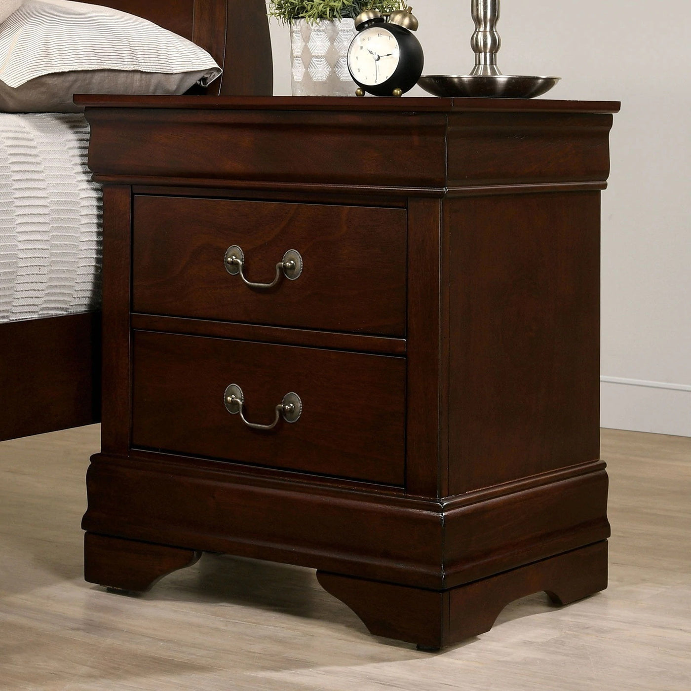 Louis Philippe Style Cherry Finish Nightstand with Antique Nickel Pulls
