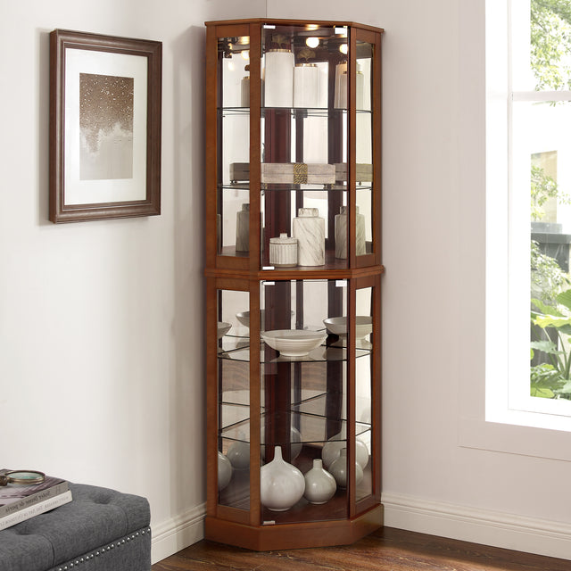 Irene 6-Shelf Corner Curio Cabinet with Adjustable Shelves, Walnut