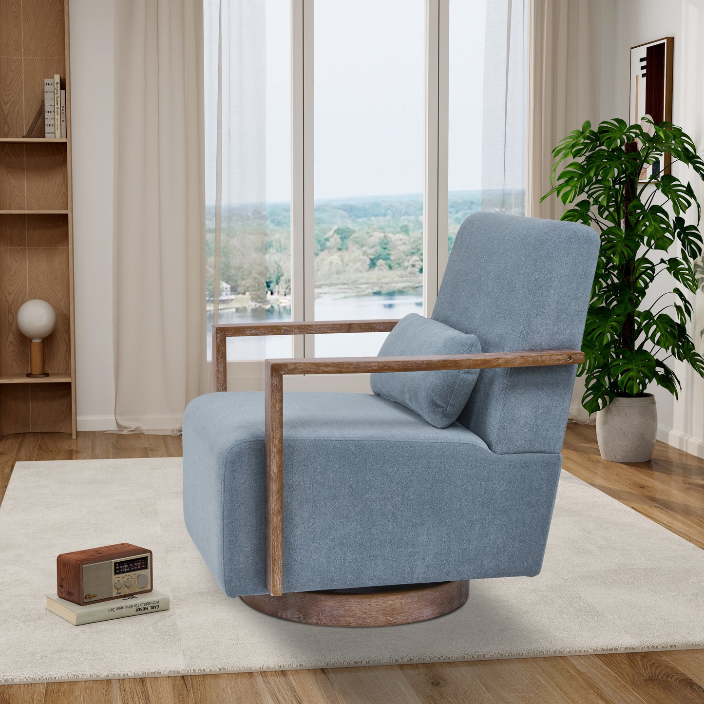 Tarren Linen Swivel Chair with Solid Wood Arms & Base - Pale Blue