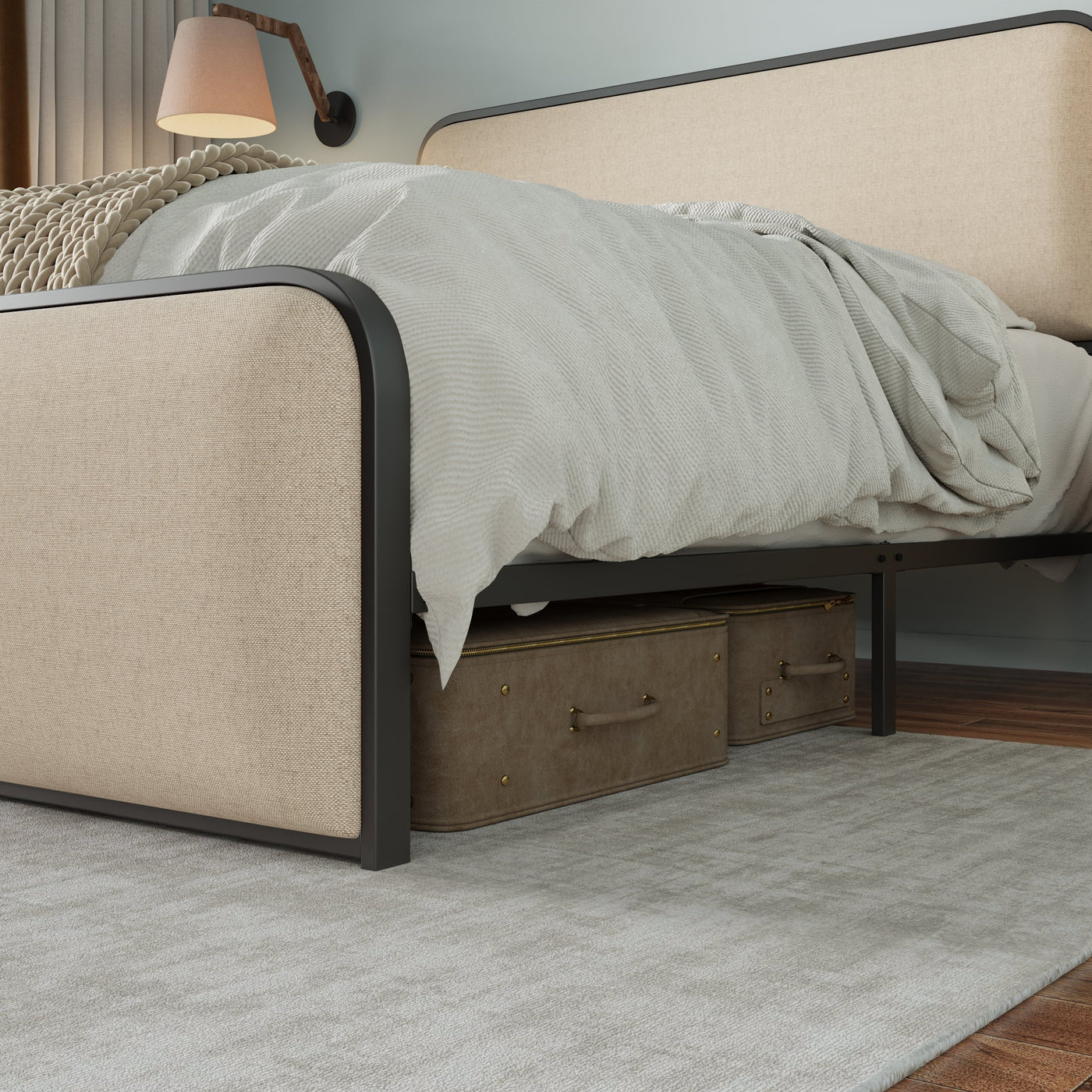 Liriel Modern Metal Frame King Bed with Upholstered Headboard & Footboard, Gray