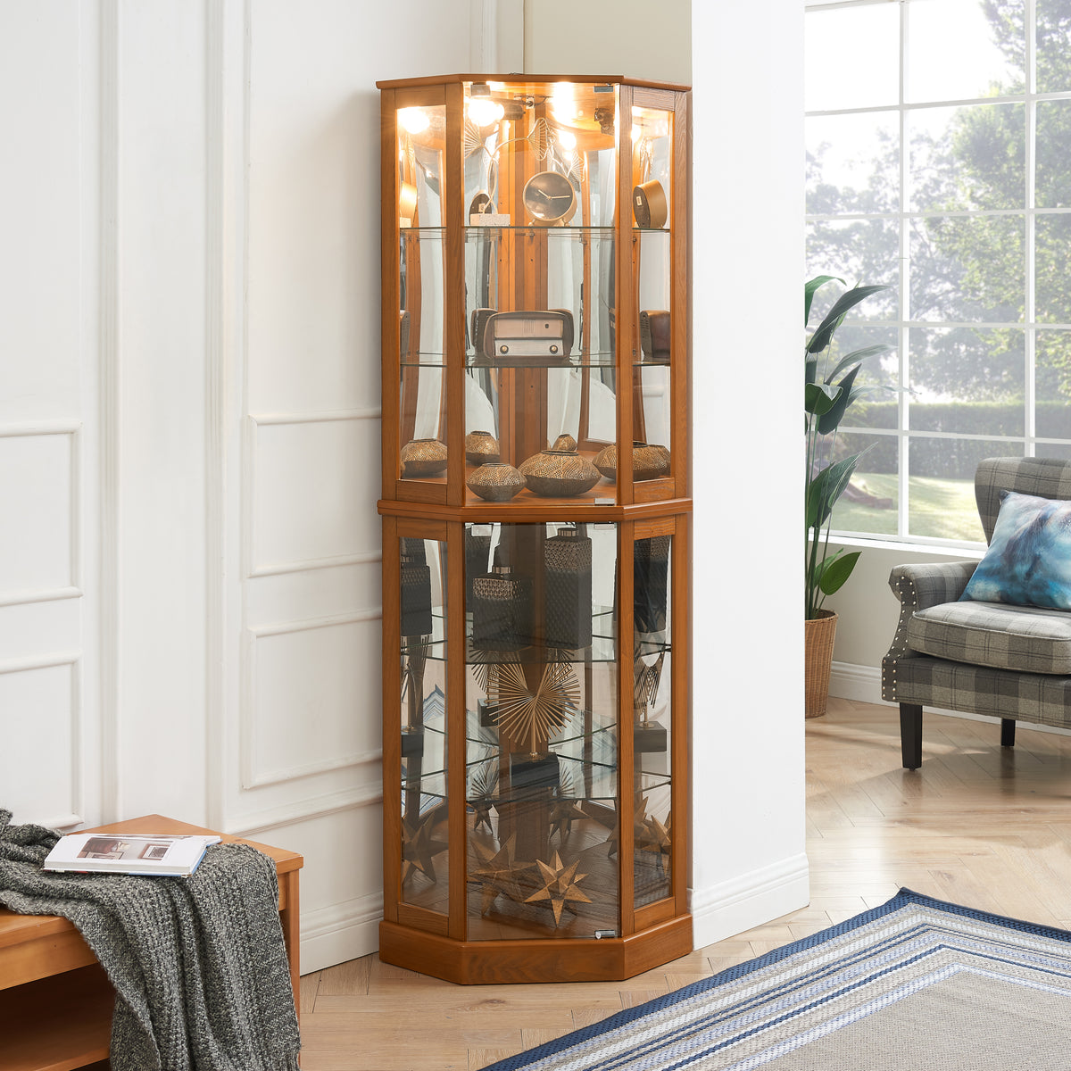 Irene 6-Shelf Corner Curio Cabinet with Adjustable Shelves, Oak