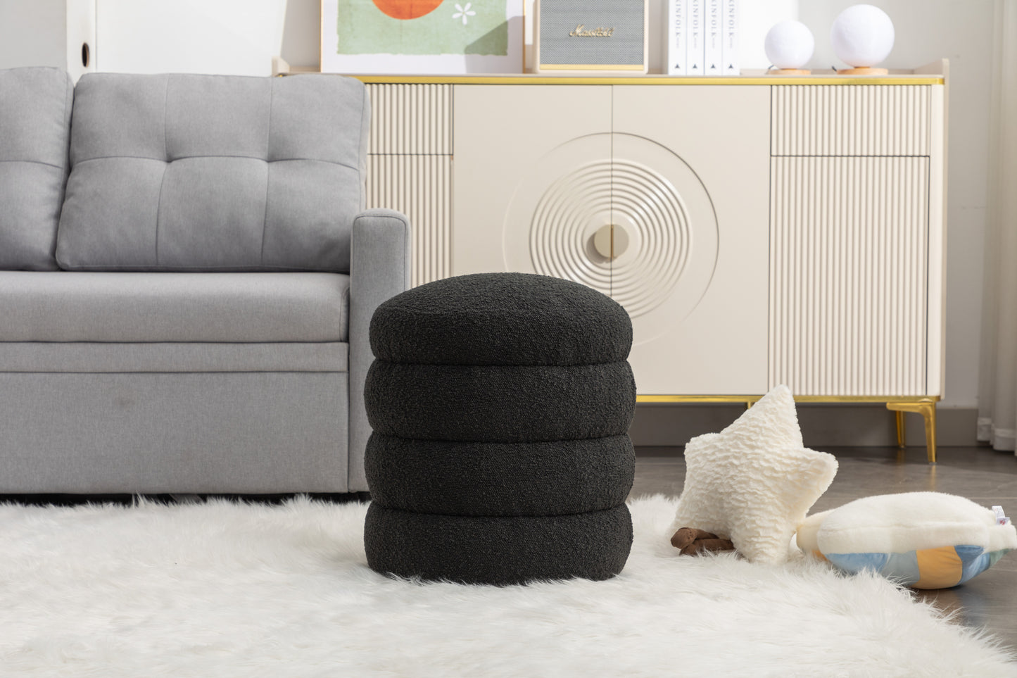 Blaise Round Boucle Upholstered Ottoman, Black