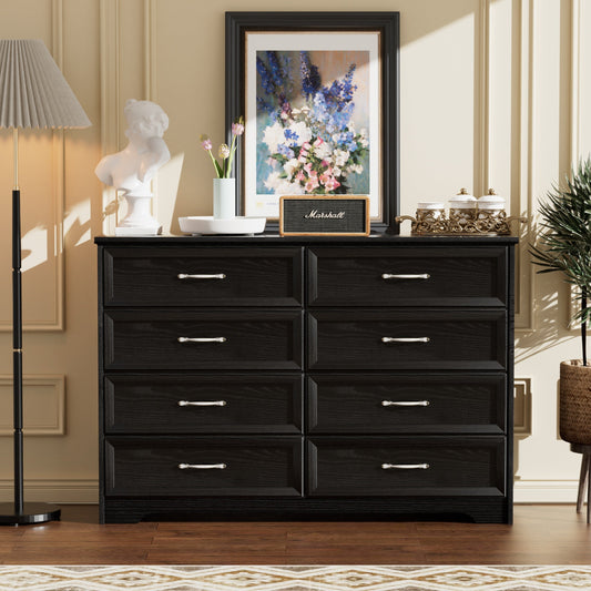 Carla Modern 8-Drawer Dresser with Silver Handles, Black