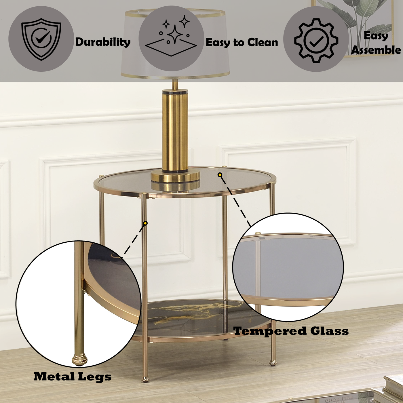 Fiorella Black Marble Print, Glass & Champagne Finish End Table