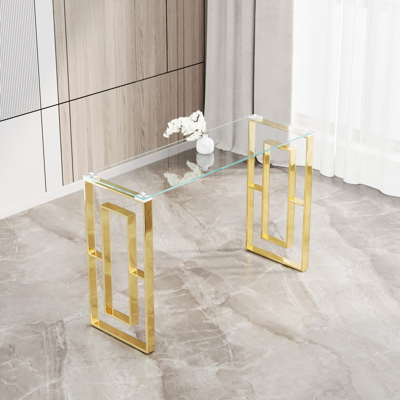 Elegant Fusion: Golden Stainless Steel & Glass Console Table