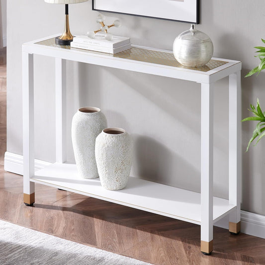 Lennox Mesh Glass Sofa Table – White & Gold