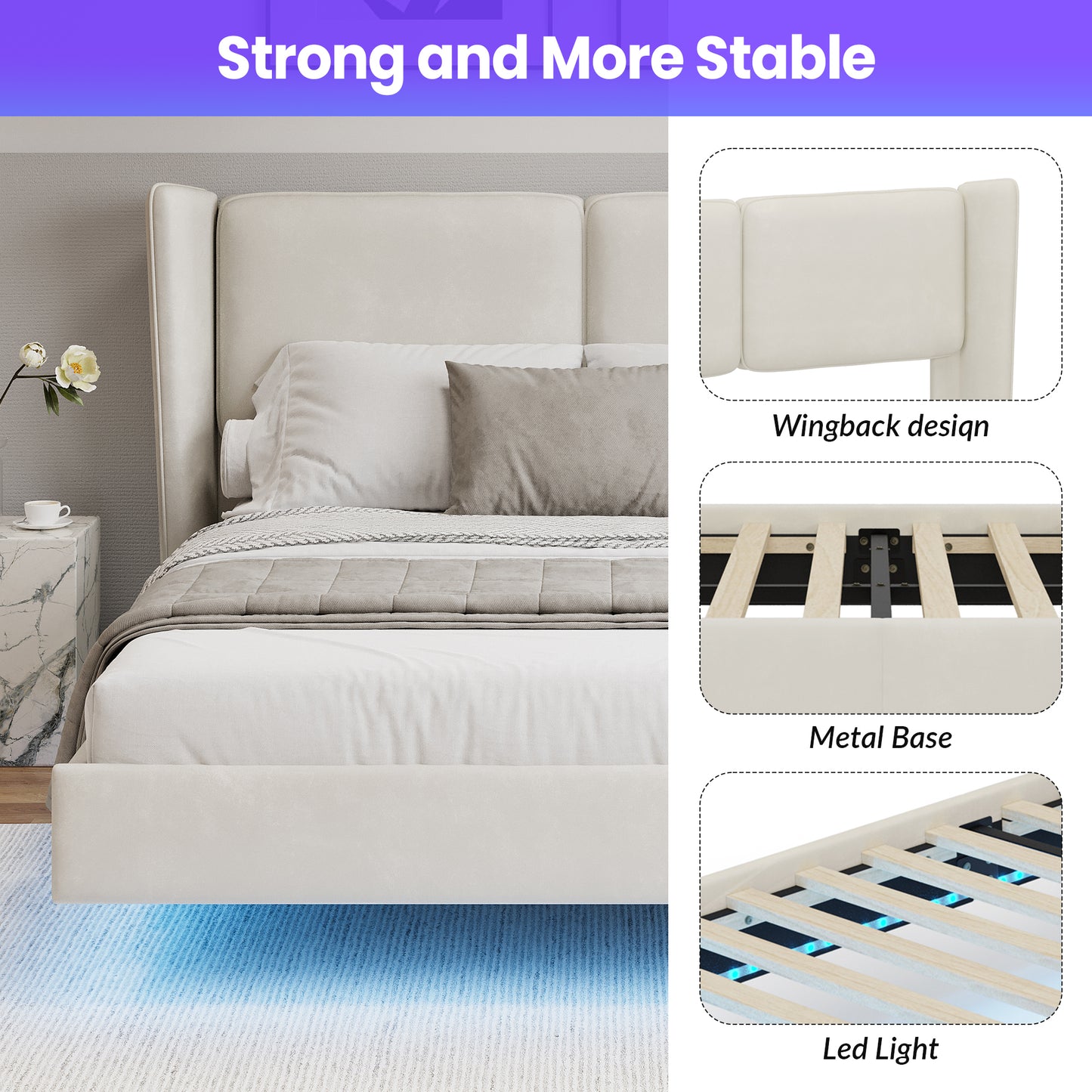 Koa Modern Velvet Floating Wingback Platform Bed with LED Lights