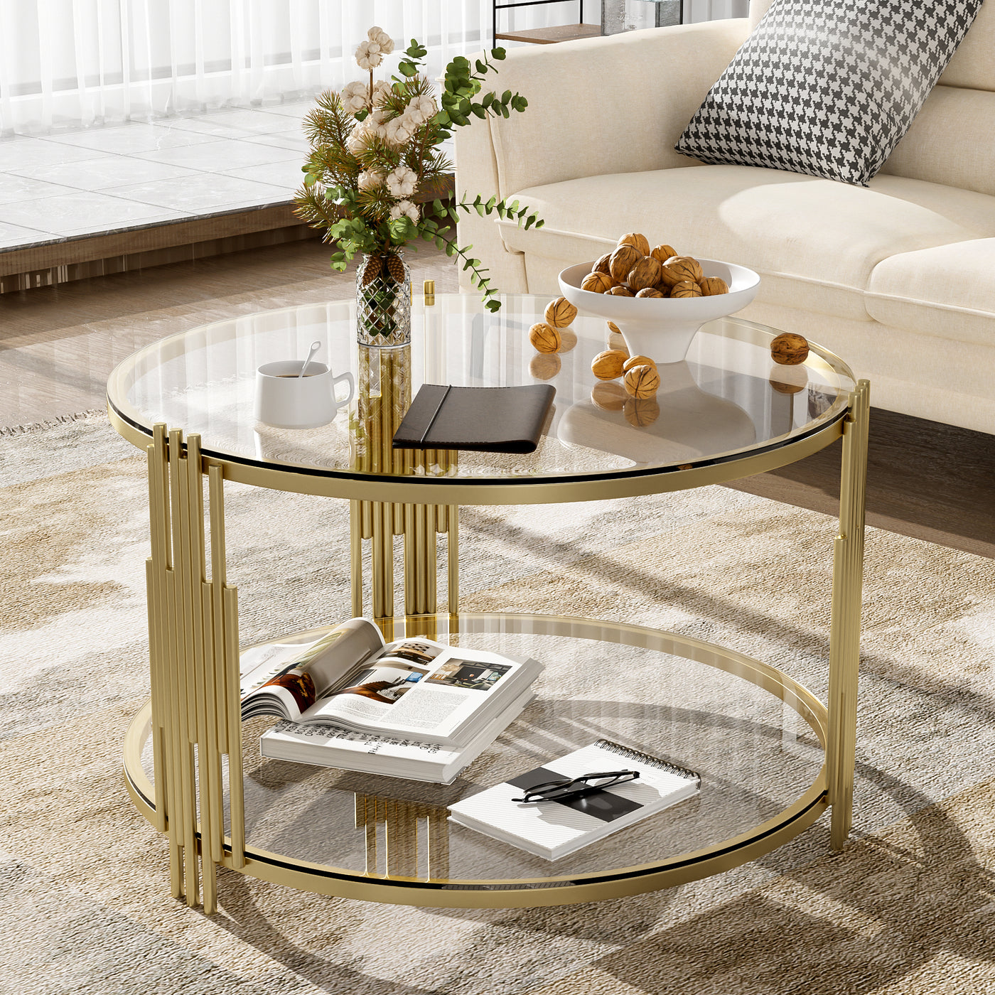 Clover Modern Glass Coffee Table with Gold Frame