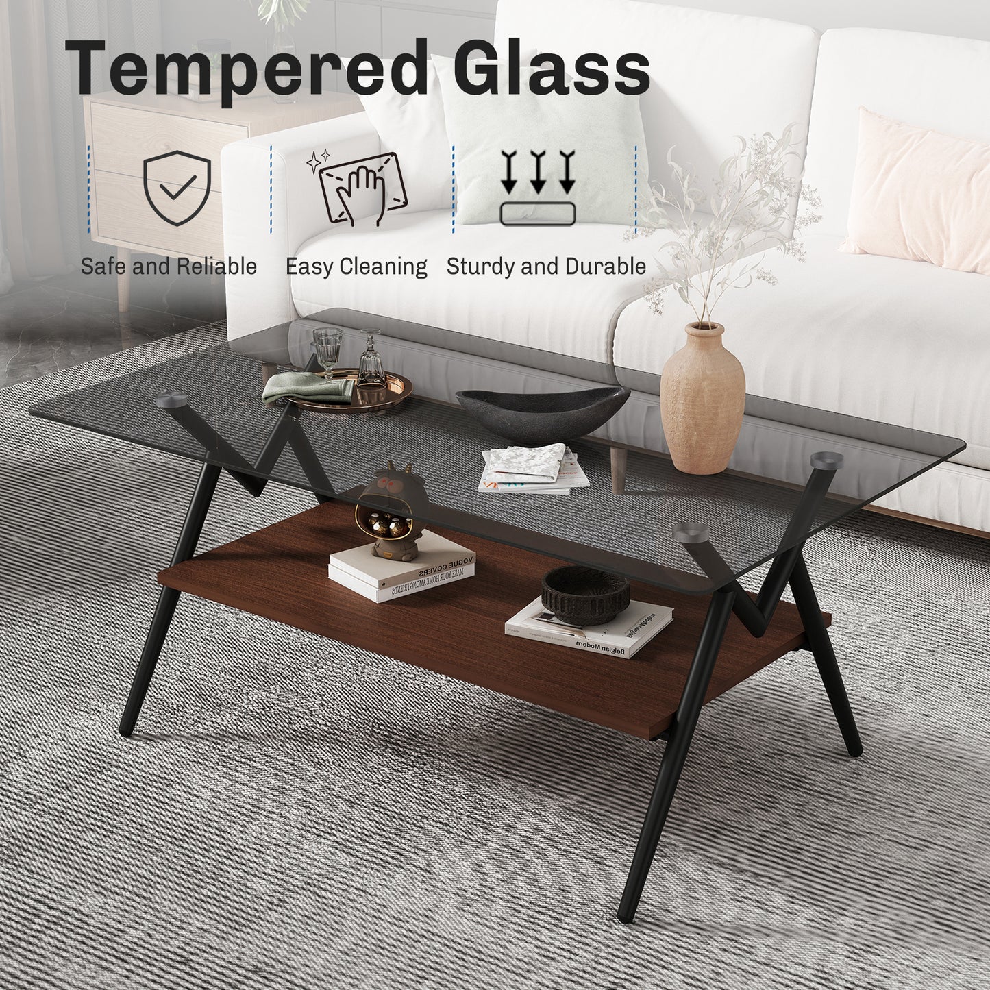 Waylon Modern Gray Glass Top Coffee Table with Shelf