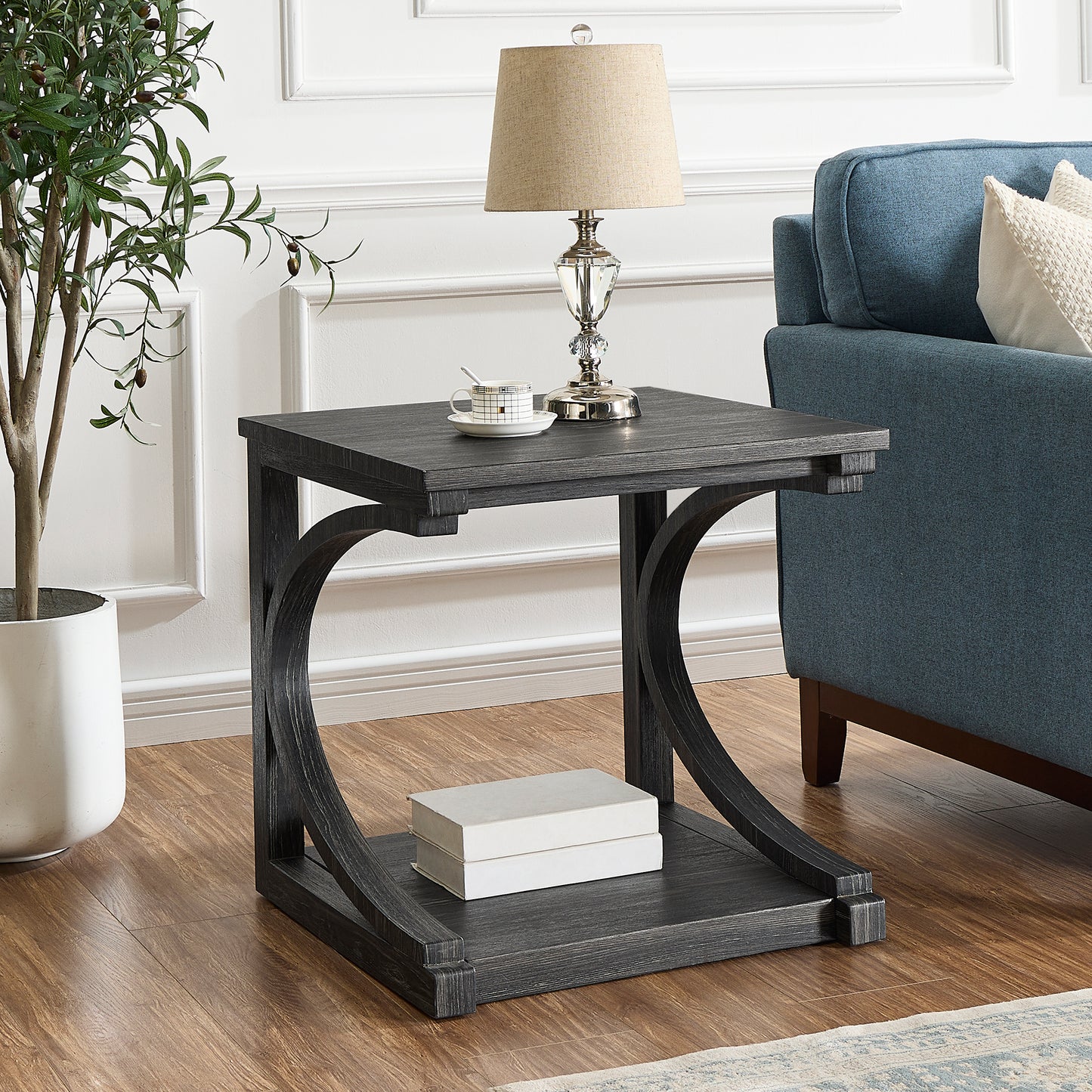 Cassian Unique Solid Wood Side Table,Black