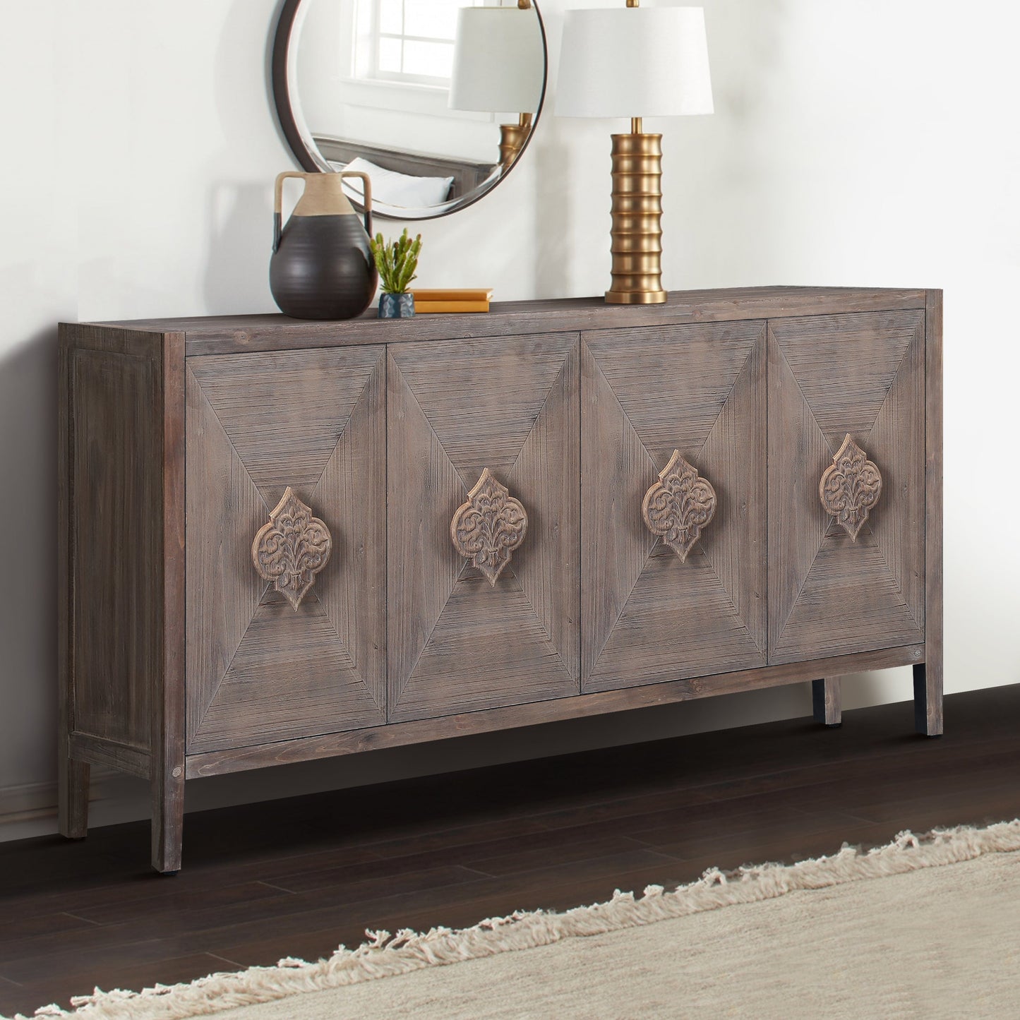 Brenda Carved Flower Door Handle, Antique Four Door Cabinet for Living Room Kitchen Hallway (Brown)