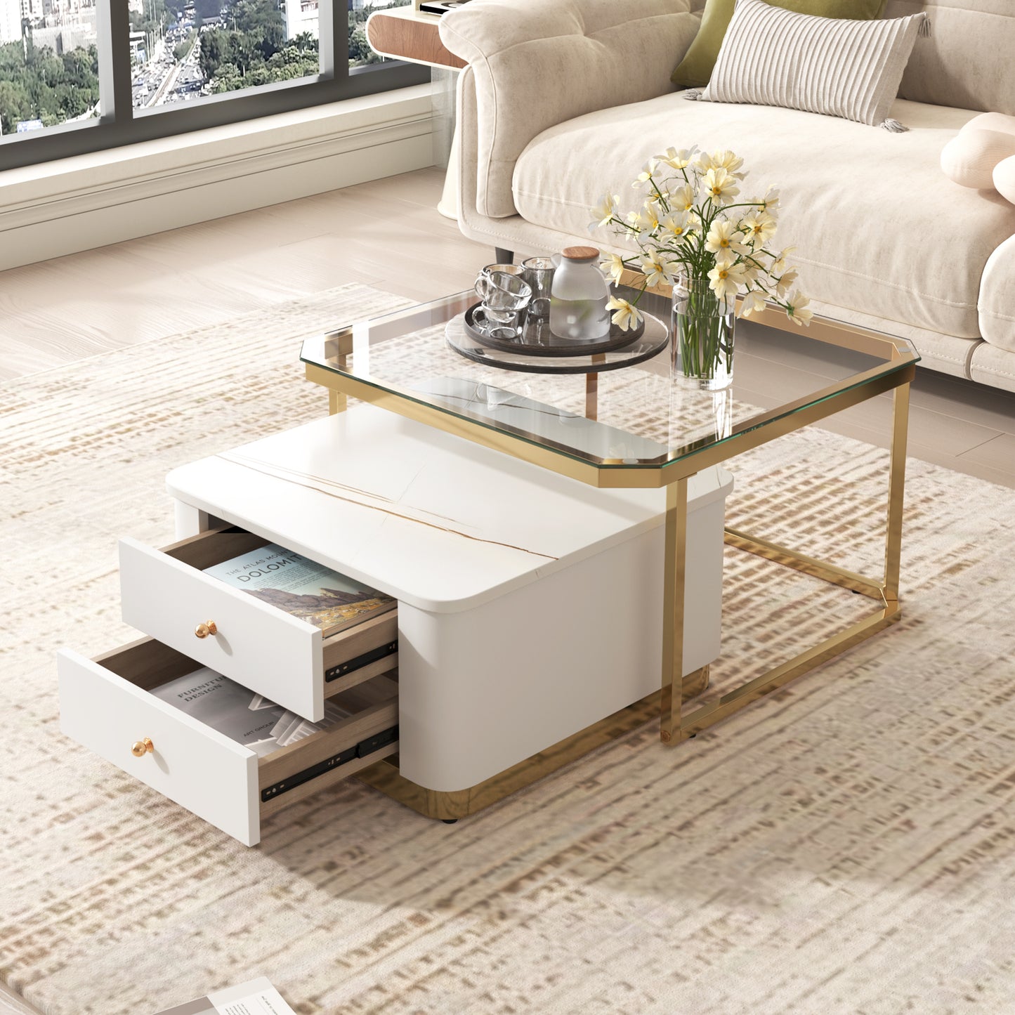 Saphira Modern High Gloss Nesting Tables - White & Gold