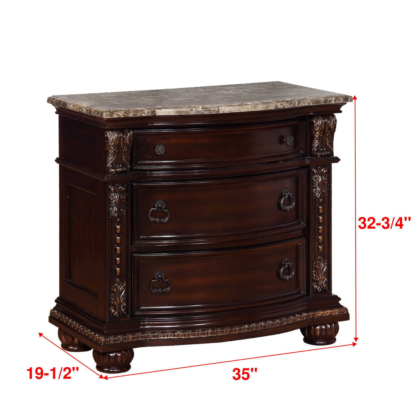 Emily Traditional Solid Wood 3-Drawer Marble Topped Nightstand