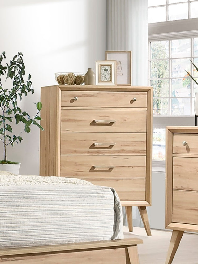 Marrin Mid-Century Modern Design Natural Oak Finish Chest of 5 Drawers Nickel Tone