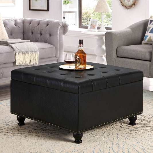 Trent PU Leather Storage Ottoman with Turned Feet - Black