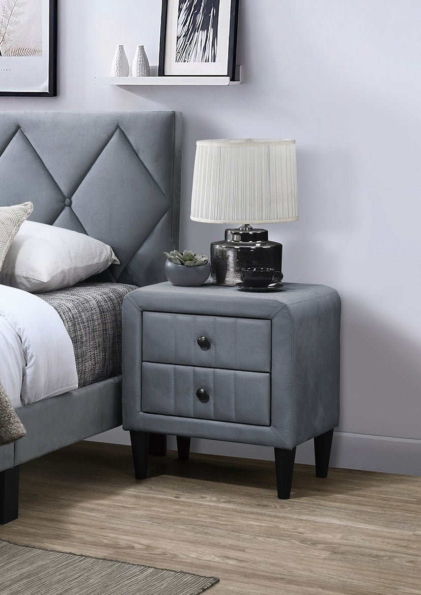 Olivia 2-Drawer Velvet Nightstand with Black Legs, Gray