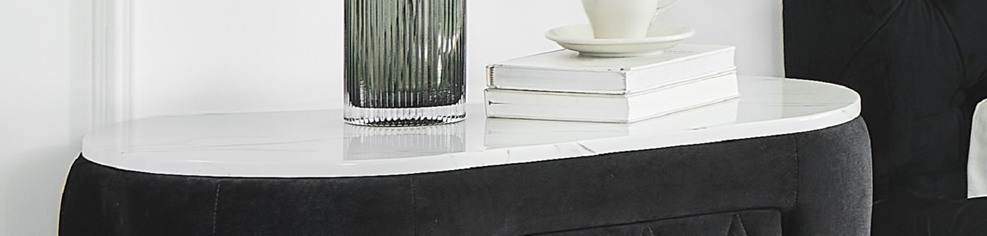 Sharron Modern Oval Faux Marble Top Upholstered Nightstand, Black