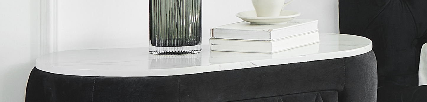 Sharron Modern Oval Faux Marble Top Upholstered Nightstand, Black