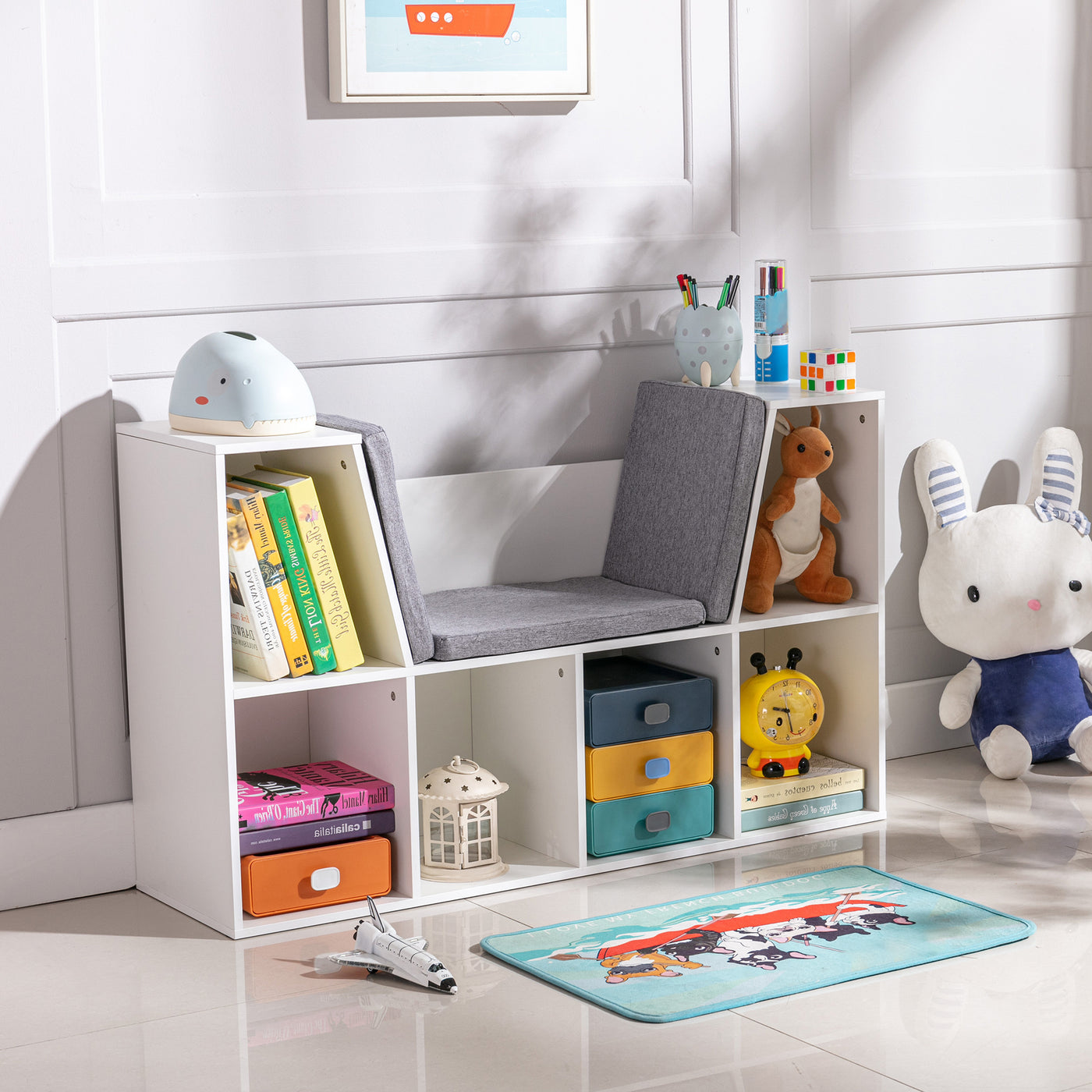 CozyNest Cubby Storage Bench with Cushion – White