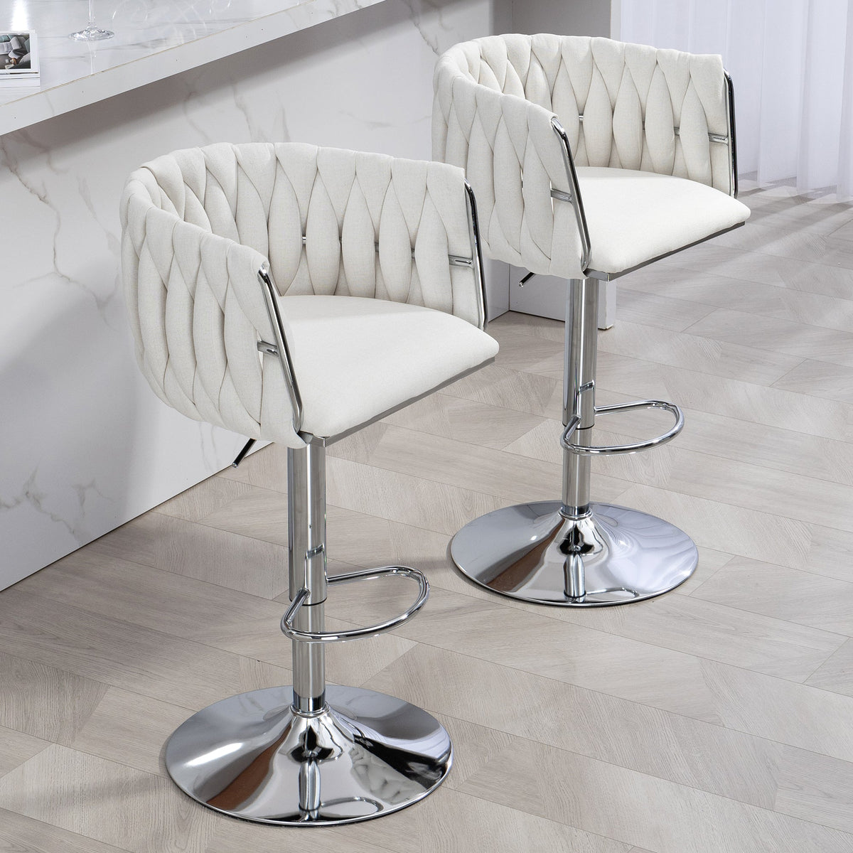 Stylish Fabric 360 Swivel Bar Stools with Woven Back and Adjustable Height Set of 2 Beige