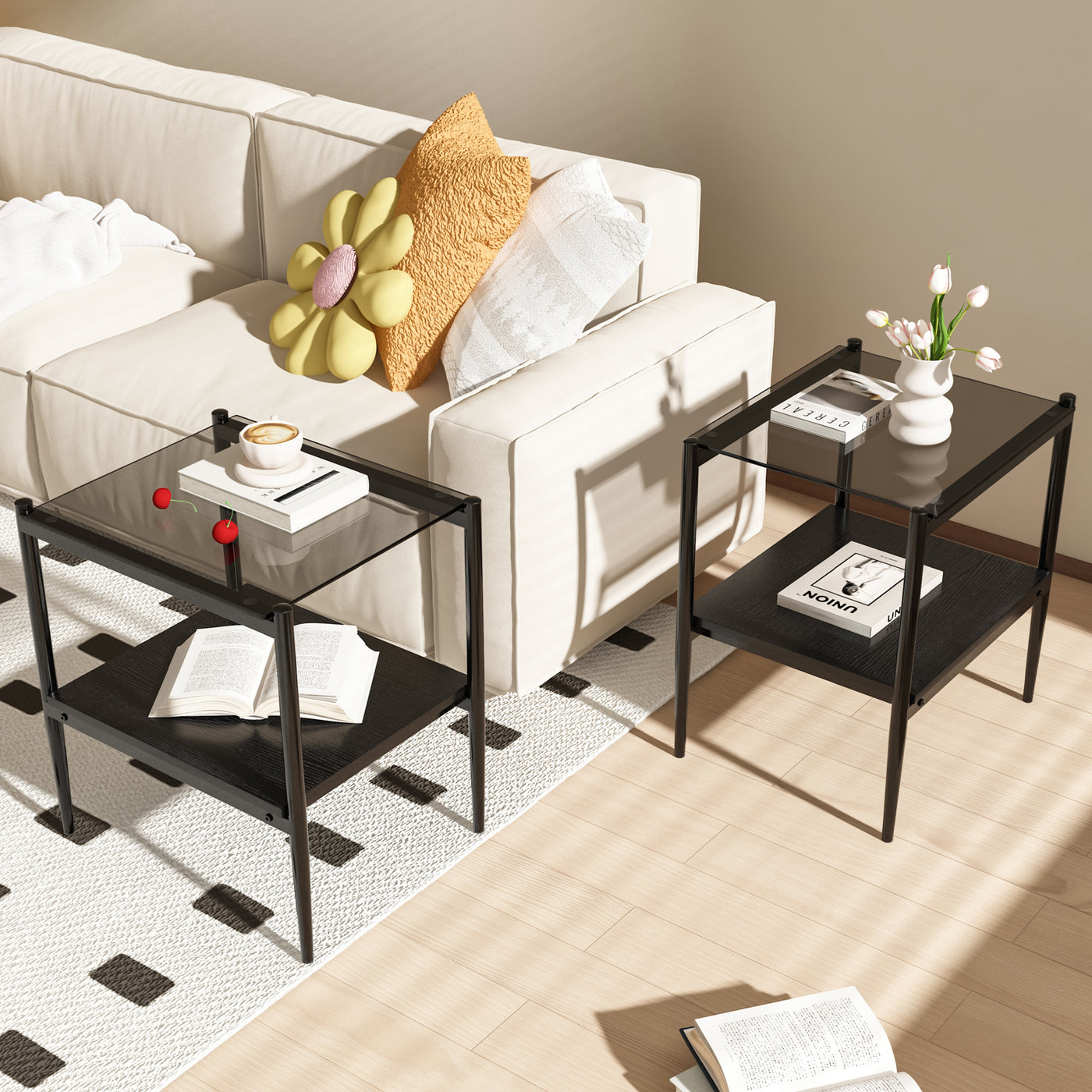 Langston Modern Side Tables with Glass Top (Set of 2)