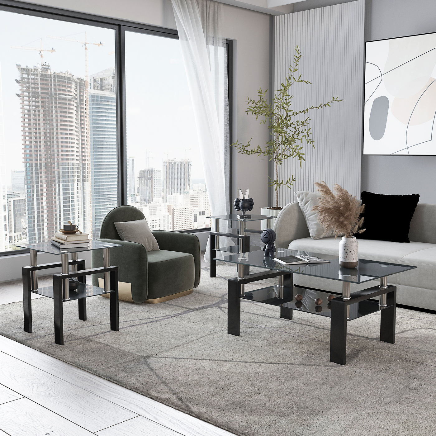 Mamba Modern Black Glass Side Tables (Set of 2)