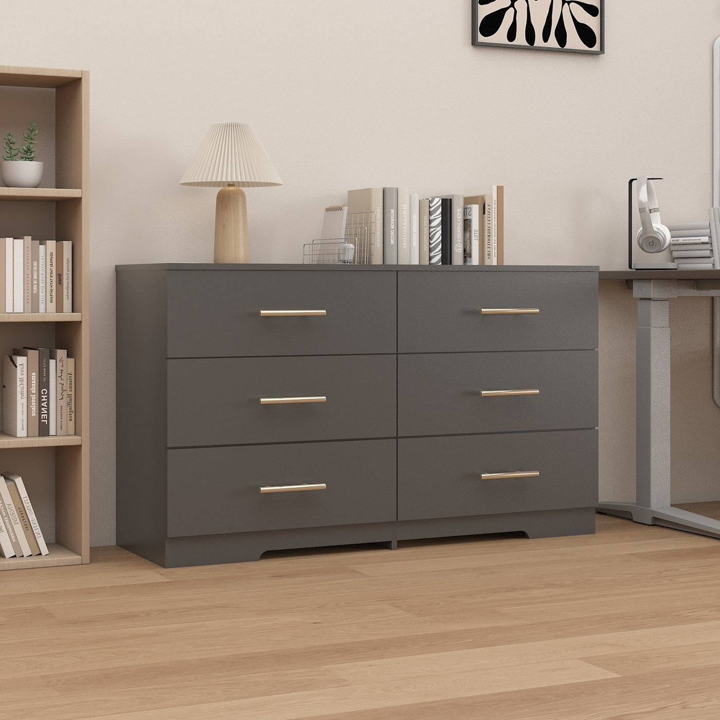 Tristian Modern 6-Drawer Dresser with Gold Handles, Black