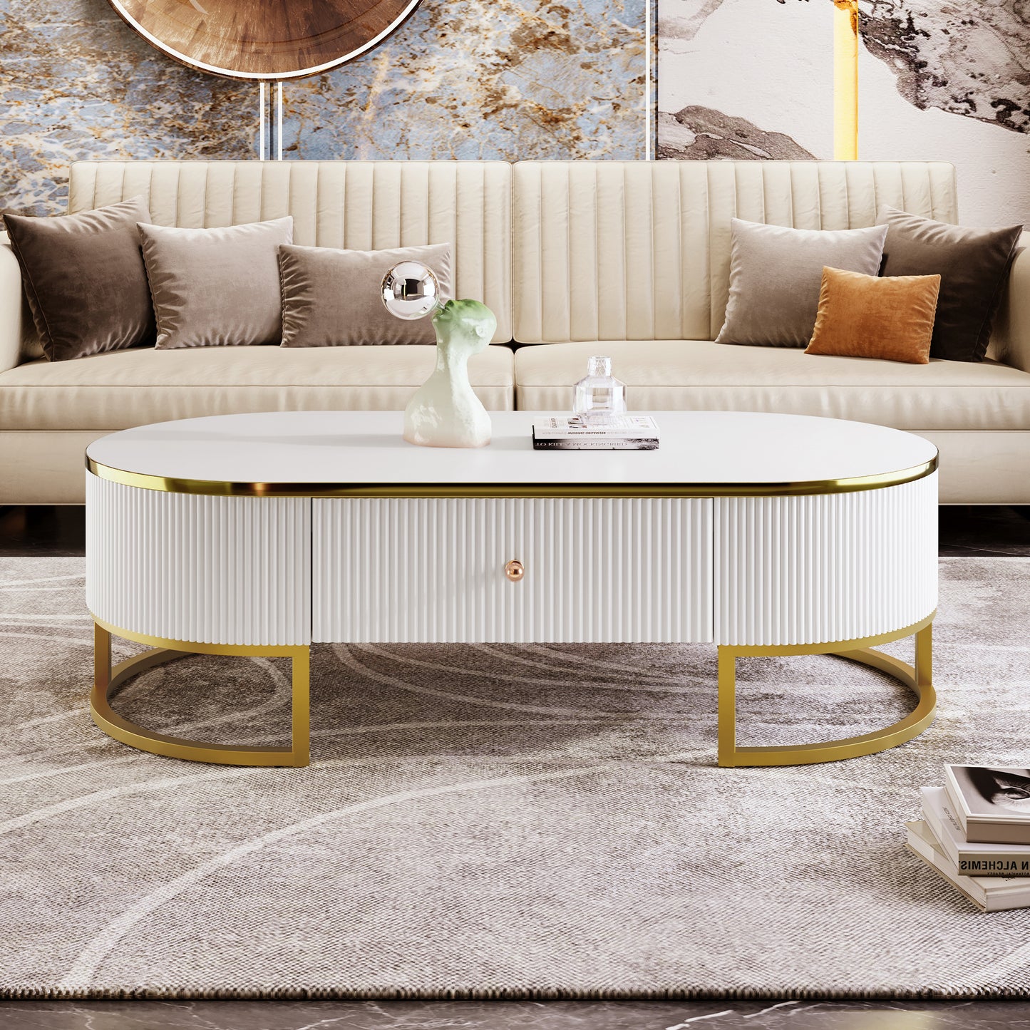 Sedona Modern Oval Coffee Table with 2 Large Drawers, White & Gold