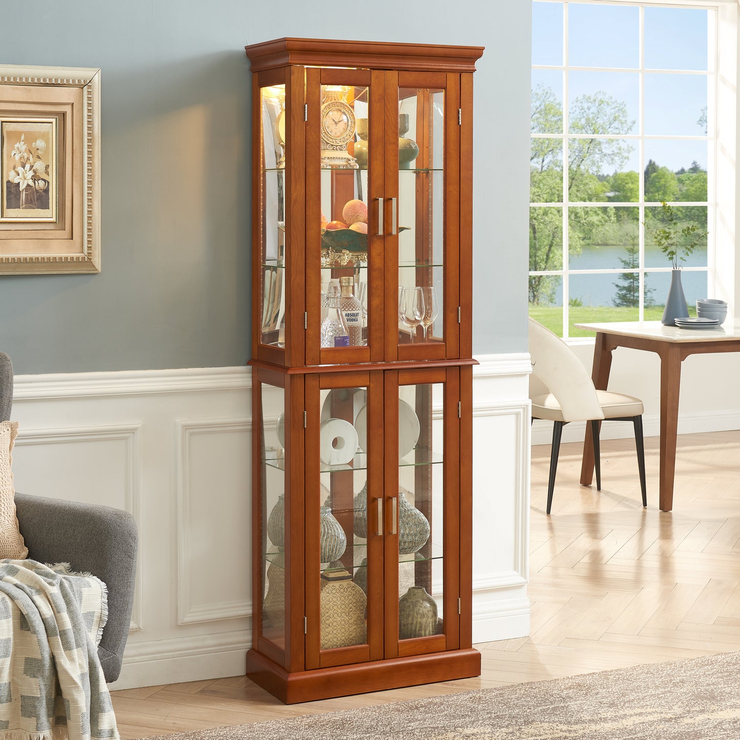 Harriet Transitional Wooden Curio Cabinet with Mirrored Back Panel, Walnut