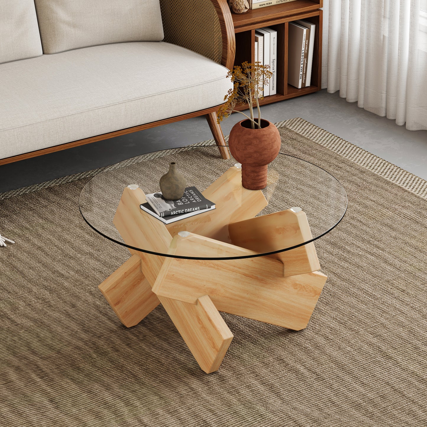 Shiela Modern Round Glass Top Coffee Table with Crossed Base