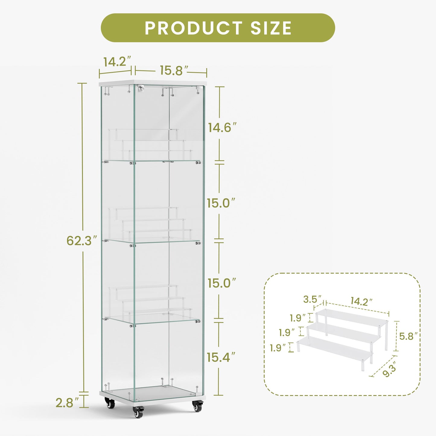 4 Tier Glass Curio Cabinet, Single Door Glass Cabinet with Lock and Wheels, White