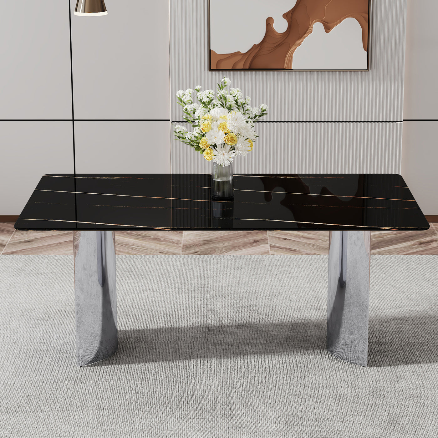 Sasha Modern Faux Marble Dining Set the Silver Legs - Black & Silver