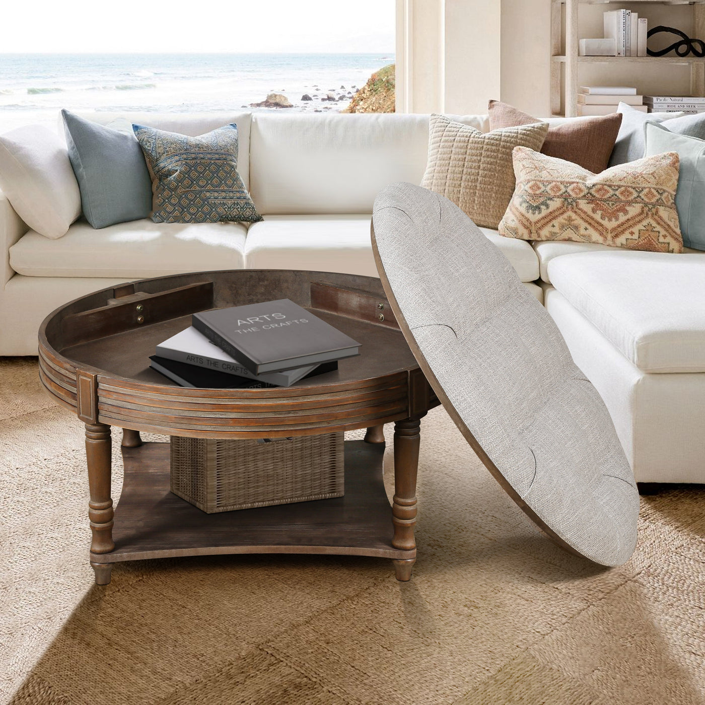 Hartford Large Round 2-Tier Ottoman Coffee Table with Tufted Linen Top