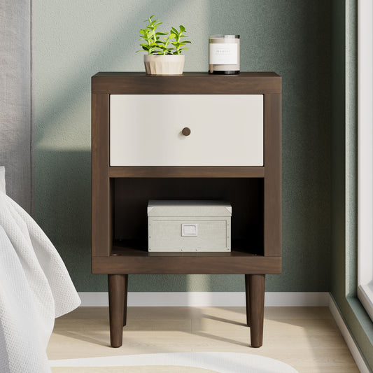 Priscilla Mid-Century Modern 1-Drawer Nightstand - Walnut & White