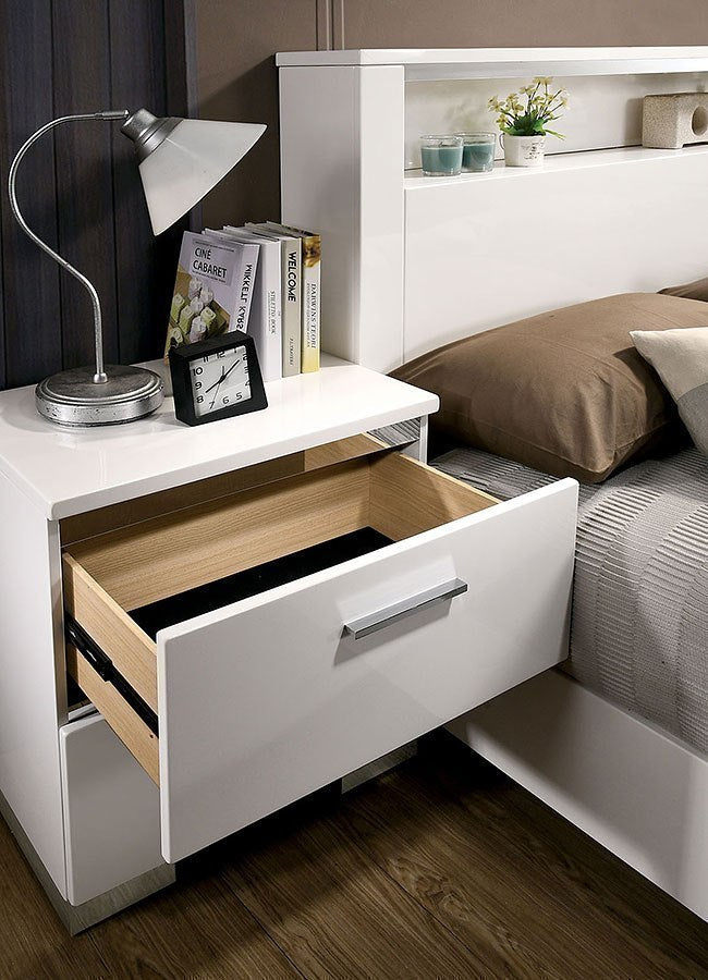 Carlie 2-Drawer Nightstand in White High Gloss Finish w- Silver Accents