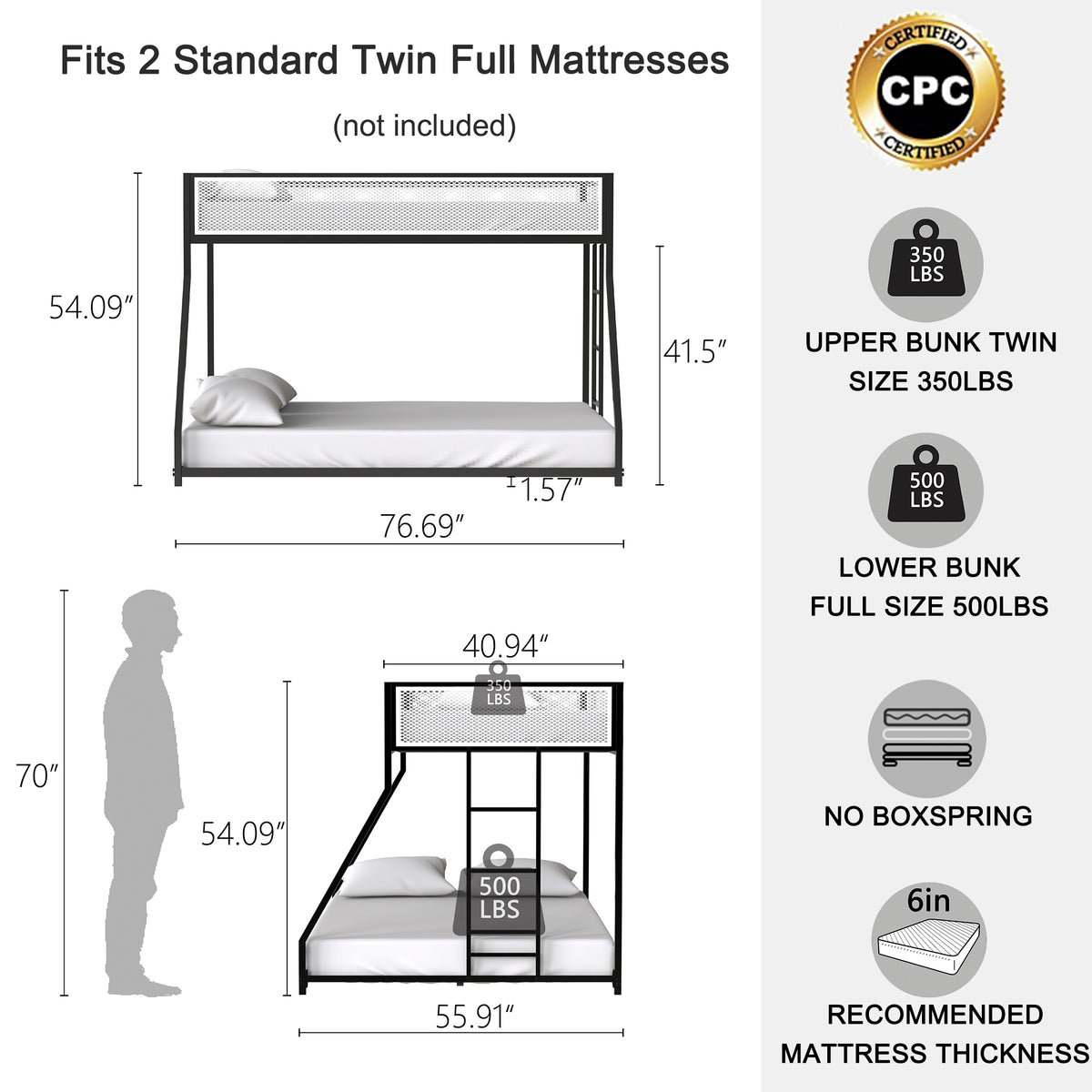 Arthur Twin over Full Metal Bunk Bed, Black