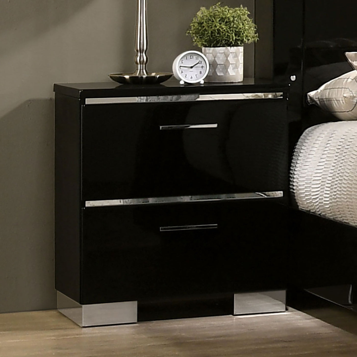 Carlie 2-Drawer Nightstand in Black High Gloss Finish w- Silver Accents