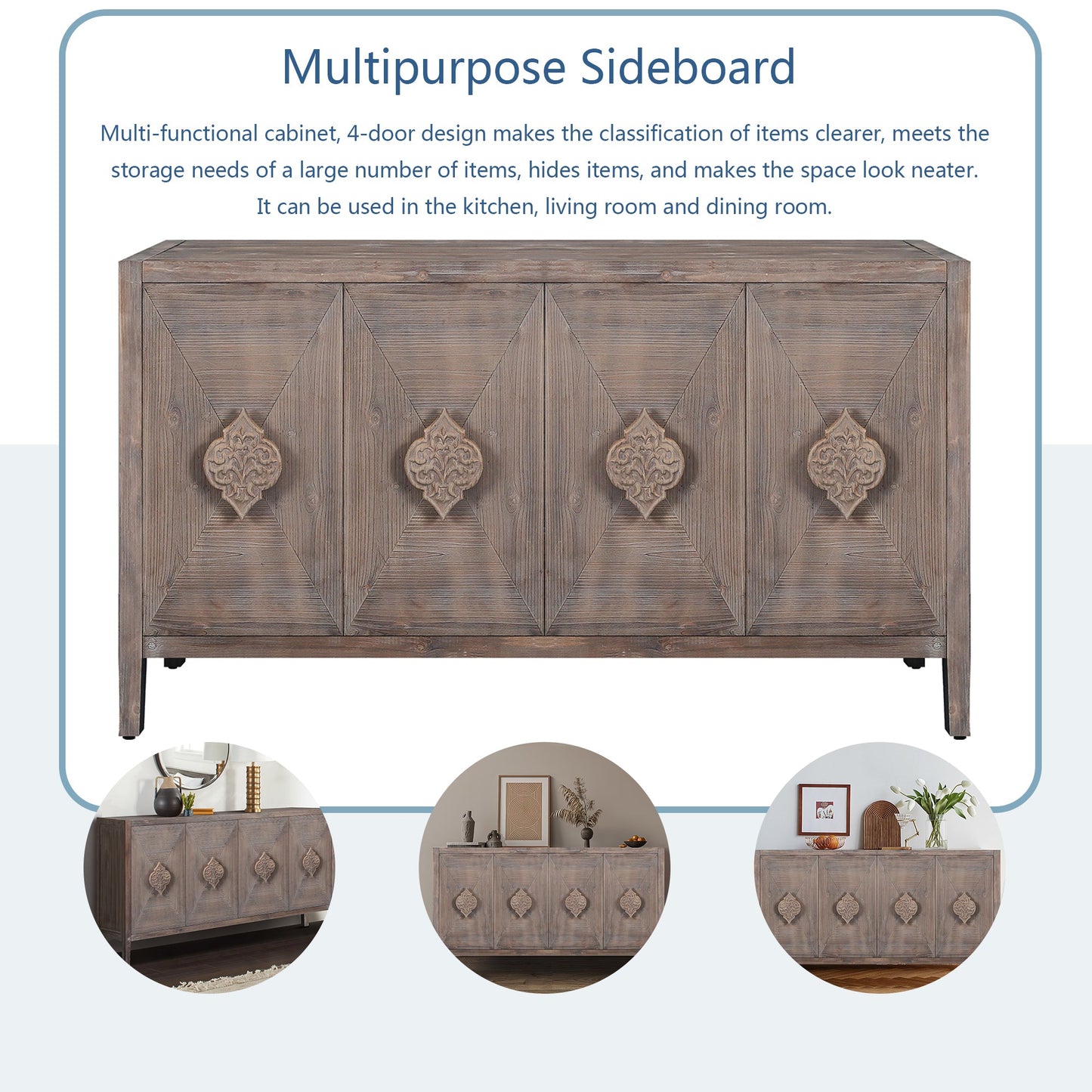 Brenda Carved Flower Door Handle, Antique Four Door Cabinet for Living Room Kitchen Hallway (Brown)