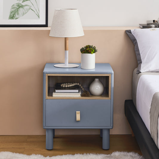 Lillian Single-Drawer Wooden Nightstand with Leather Pull Handle, Blue