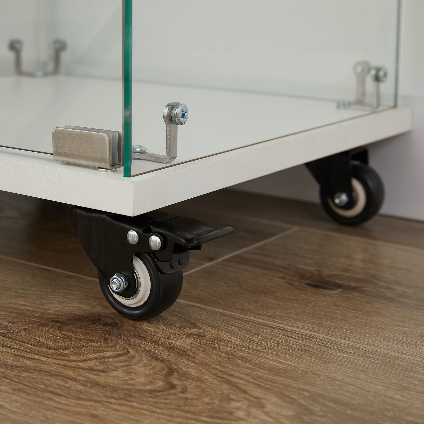 4 Tier Glass Curio Cabinet, Single Door Glass Cabinet with Lock and Wheels, White