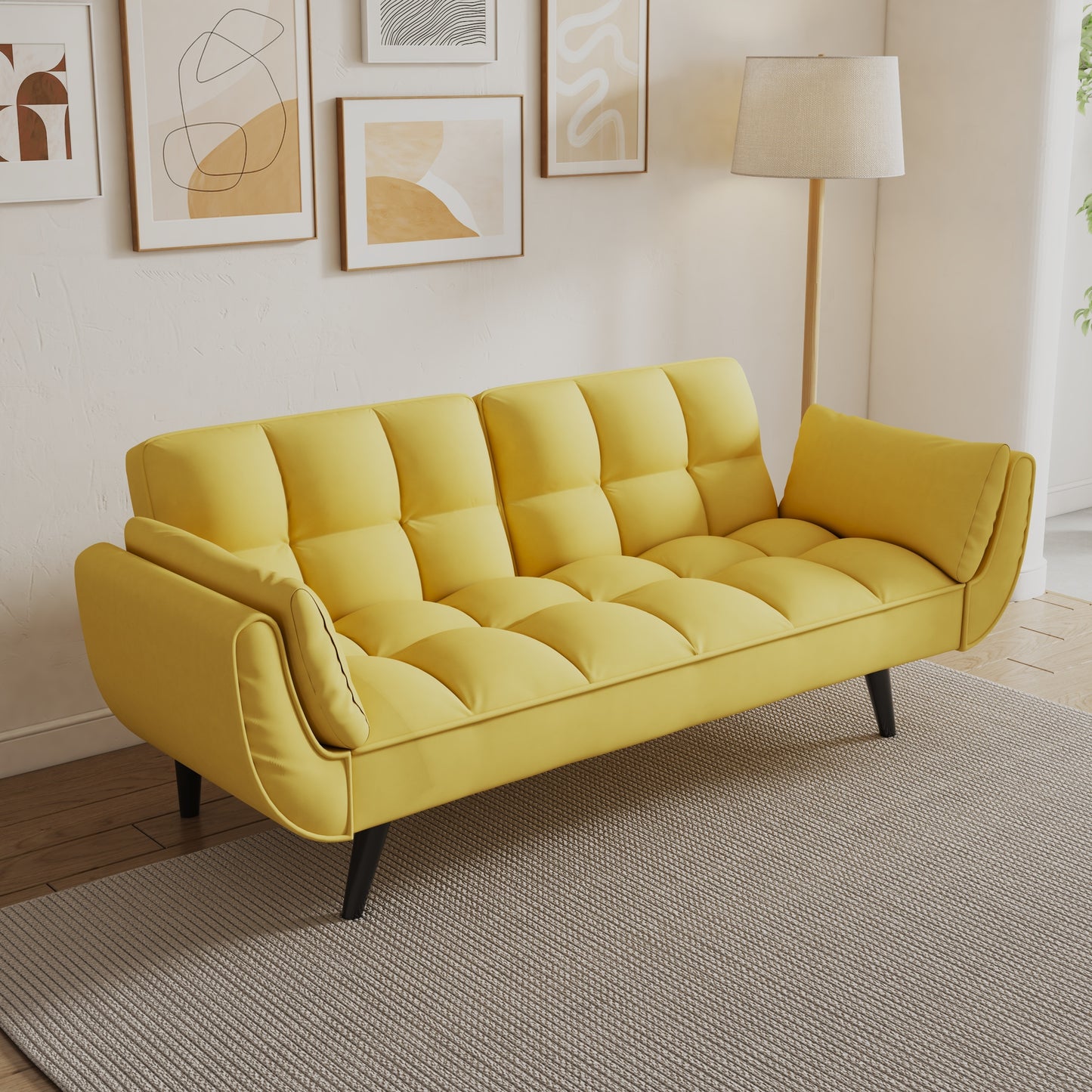 Ella Yellow Velvet Sofa Bed with Black Legs