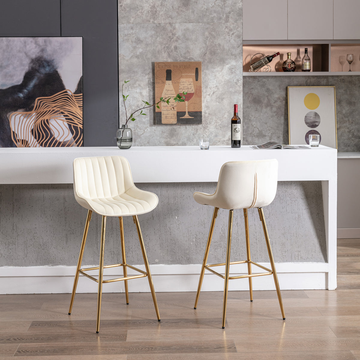 Ednita 30" Velvet Bar Stool with Gold Legs - Cream