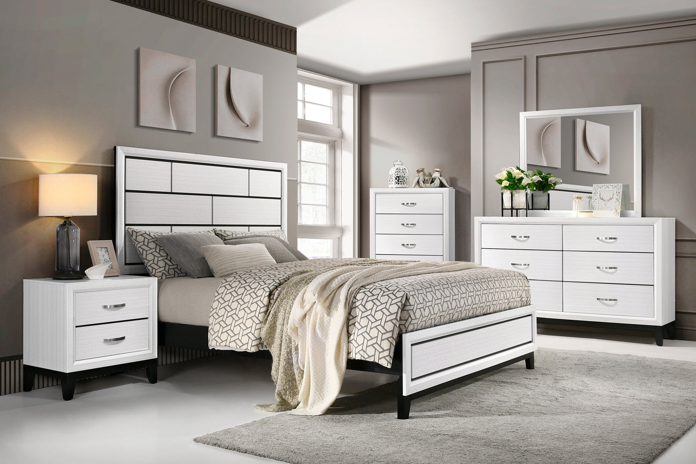 Mali Modern White Nightstand with Black Legs & Silver Handles