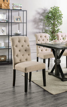 Madeline Button Tufted Linen Side Chairs with Black Legs, Ivory